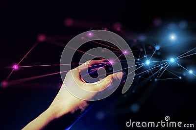 Hand holding holographic of metaverse network on black background, metaverse internet social online technology, digital cryptocur Stock Photo