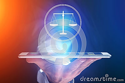 Businessman hand holding mobile phone with justice icon Stock Photo