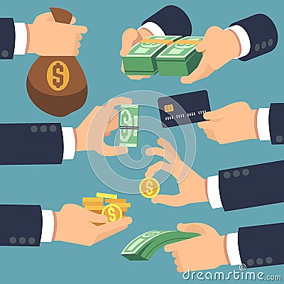Businessman hand holding money. Flat icons for loan, paying and cash back concept Vector Illustration