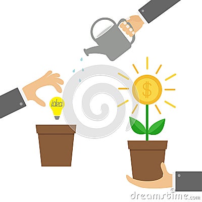 Businessman hand holding money tree, watering can, idea bulb. Coin dollar sign Plant in the pot. Three step infographic. Financial Vector Illustration