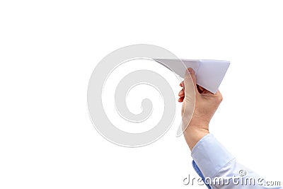Businessman hand holding paper plane on white background . Stock Photo