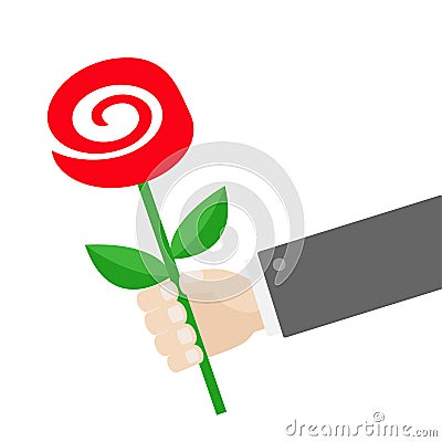 Businessman hand holding red rose flower. Giving gift concept. Cute cartoon character. Black suit. Greeting card. Flat design. Whi Vector Illustration