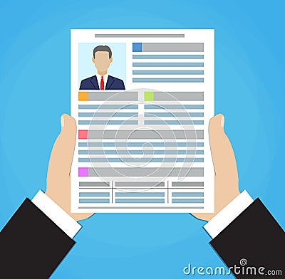 Businessman hand holding resume document . Vector Illustration