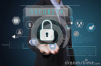 Businessman hand holding Security. sign on virtual screen. Stock Photo