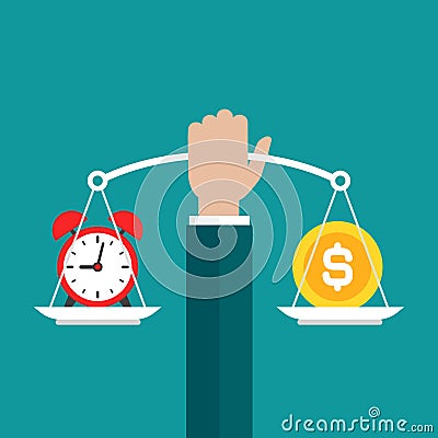 Businessman hand holds white mechanical scales with dollar coin and red alarm clock in pans Cartoon Illustration