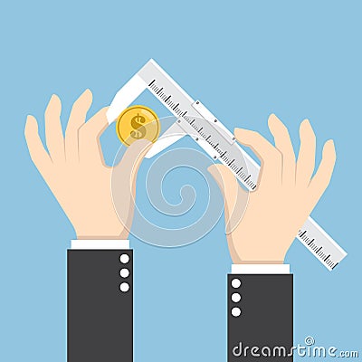 Businessman hand measuring dollar coin with calipers Vector Illustration