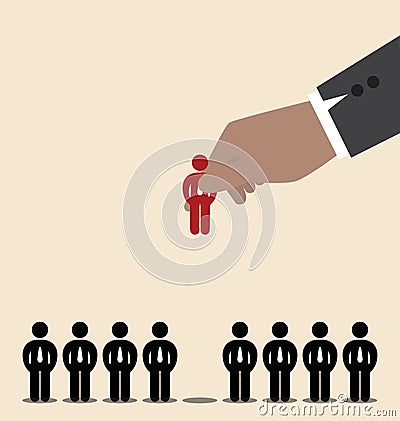 Businessman hand pick red man icon amoung black ma Vector Illustration