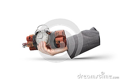 Businessman hand with pile of dynamite an detonator Stock Photo