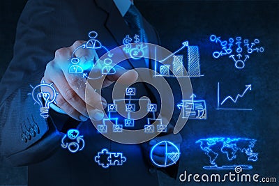 Businessman hand points to business strategy Stock Photo