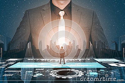 Businessman hand presenting virtual technology graphic. Stock Photo