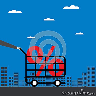 Businessman hand pushes shopping cart Vector Illustration