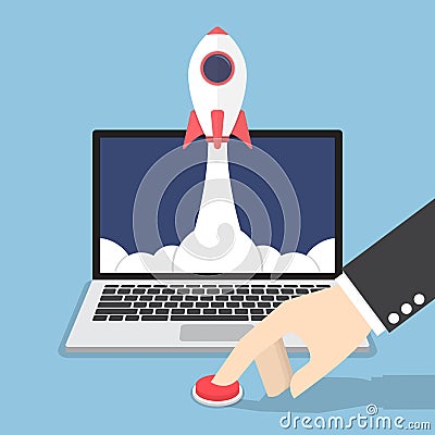 Businessman hand pushing the button to launch rocket from laptop Vector Illustration