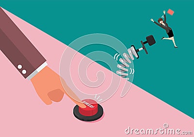 Businessman hand pushing fired button to layoff his female employee Vector Illustration