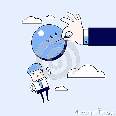 Businessman hand pushing needle to pop the balloon. Cartoon character thin line style vector. Vector Illustration