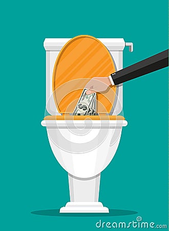 Businessman hand putting dollar bills in toilet Vector Illustration