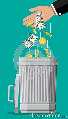 Businessman hand putting dollar bills in trash Vector Illustration