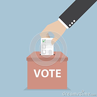 Businessman hand putting voting paper in the ballot box, Voting Vector Illustration