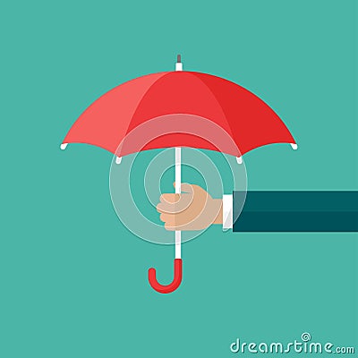 Businessman hand with red open Umbrella. Flat icon isolated on turquoise. Vector Illustration