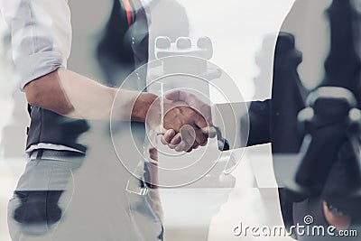 Businessman hand shake overlay with chess rook for business perform cheating dealing action Stock Photo