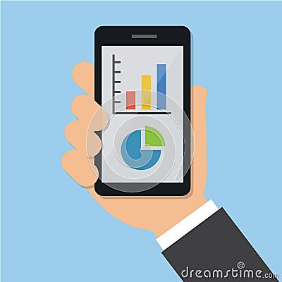 Businessman Hand Show Mobile Phone and Graph in the Mobile Phone. Concept business vector illustration Flat Style. Vector Illustration