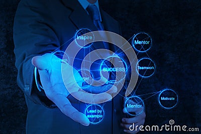 Businessman hand shows gear business success chart Stock Photo