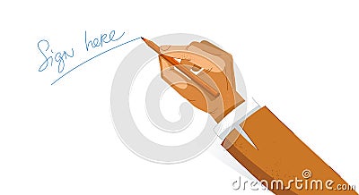 Businessman hand signing a document vector illustration, sign here script. Vector Illustration