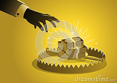 Businessman hand takes dollars from a bear trap Vector Illustration