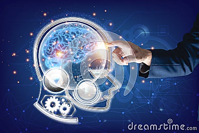 Businessman hand touch connects on Robot brain Stock Photo