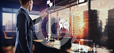Businessman hand touch to activate NLP or Natural language processing to connect chatbot artificial intelligence Stock Photo