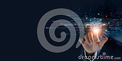 Businessman hand touching virtual graphical interface of innovation. Idea for digital solution and development, intelligence Stock Photo