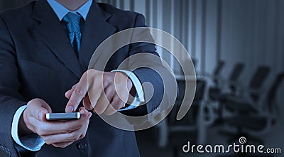 Businessman hand use smart phone computer with email icon as con Stock Photo