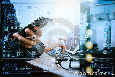 businessman hand using smart phone,mobile payments online shopping,omni channel,digital tablet docking keyboard Stock Photo