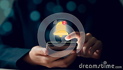 Businessman hand using smartphone with showing the bell icon and notifications of new messages on application Stock Photo