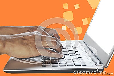 Businessman hand using Technology digital laptop keyboard tech double exposure of devices connected to each for abstract design 3D Stock Photo