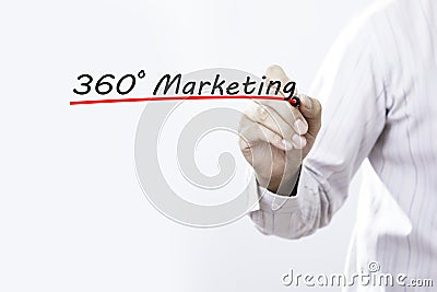 Businessman hand writing 360 degrees Marketing with marker, Business concept Stock Photo