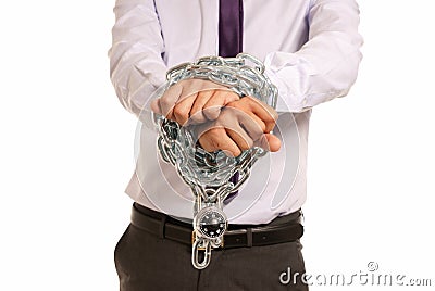 Businessman hands fettered chain padlock job slave Stock Photo