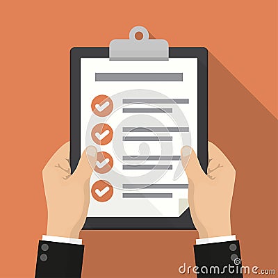 Businessman hands holding clipboard checklist in a flat design with long shadow Vector Illustration