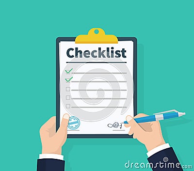 Businessman hands holding clipboard checklist with pen. Checklist, complete tasks, to-do list, survey, exam concepts Vector Illustration