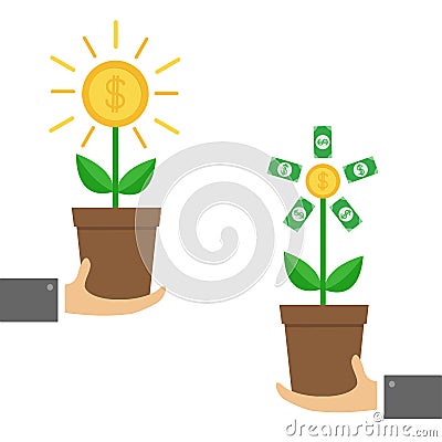 Businessman hands holding Growing paper money tree shining coin with dollar sign Plant in the pot. Financial growth concept. Succe Stock Photo