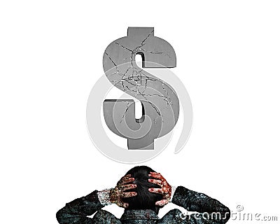 Businessman hands holding head facing cracking 3D concrete dollar sign Stock Photo