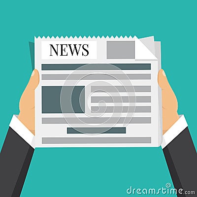 Businessman hands holding newspaper. News words, coffee break Vector Illustration