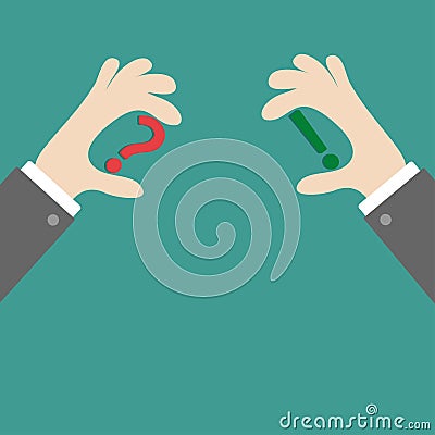 Businessman hands holding question and exclamation Vector Illustration