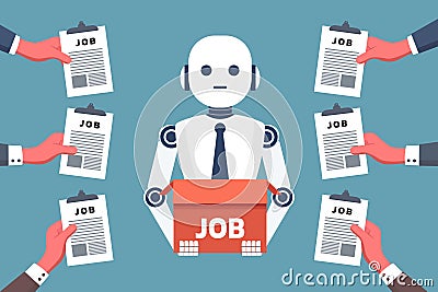 businessman hands holds a job document and AI robots are automating many tasks. Vector Illustration