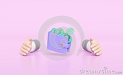 Businessman hands protecting money dollar coins, purple wallet isolated on pink background. saving money business protection Cartoon Illustration