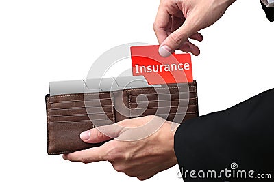 Businessman hands pulling folder Insurance concept on brown wall Stock Photo