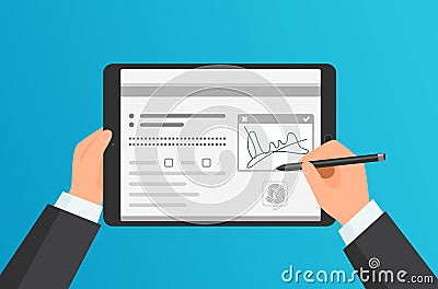 Businessman Hands signing Digital signature on modern tablet. Vector concept. Vector Illustration