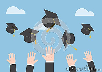 Businessman hands throwing graduation hat in the air Vector Illustration