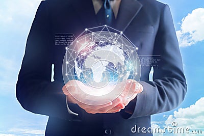 Businessman in hands touching digital global network. Stock Photo