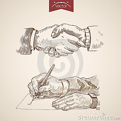 Businessman handshake contract deal engraving vintage Vector Illustration