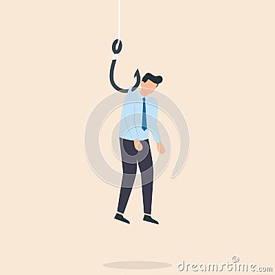 Businessman hanging on fishing hook feeling depressed. Vector illustration Vector Illustration